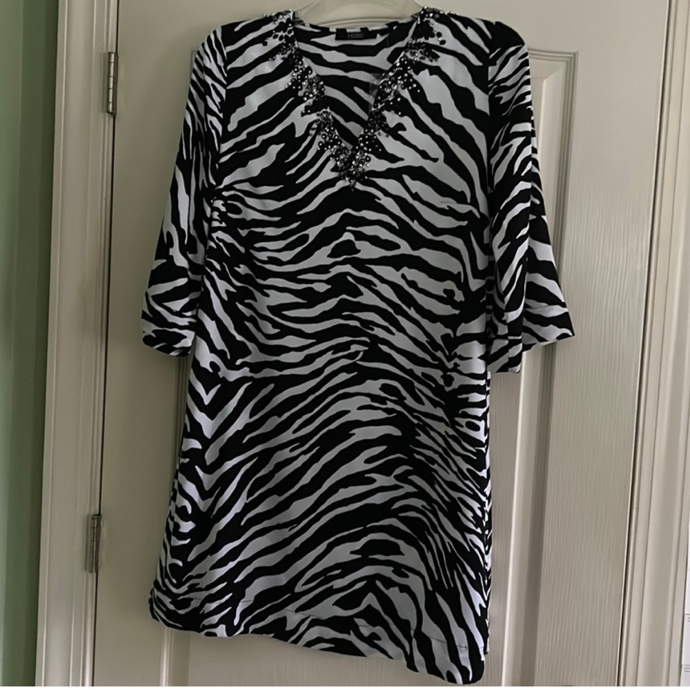 Dennis Basso Black and White Zebra Print Dress